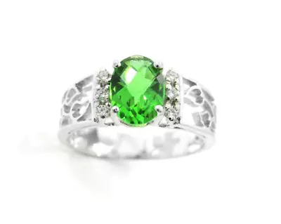 R1214G Filigree Mt. St. Helens Green Helenite 6x8mm 1.2Ct Sterling Silver Ring • $50