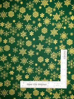Christmas Gold Metallic Snowflakes On Green Cotton Fabric #49802M02 By The Yard • $10.45