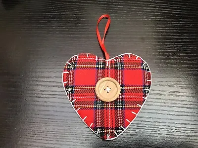 Christmas Tartan Padded Heart Decoration 11cm X 11cm On Red Ribbon • £1.99