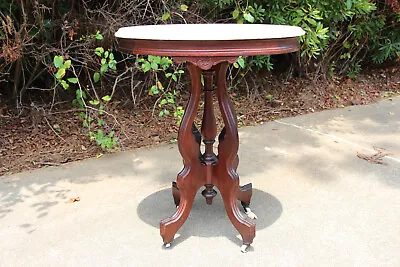 Petite Oval Walnut Victorian Marble Top Parlor Table ~ Ca.1870 • $265.50