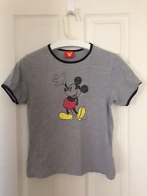 Disney’s Mickey Mouse Grey Ringer T-Shirt Stretch Small Classic Vintage Retro S • $10.45