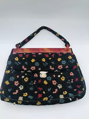 1960’s Vintage Empress Carpet Bag Floral Black Terry Cloth Bakelite Top  Purse • $45