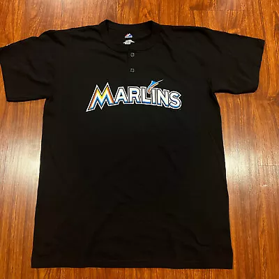 Majestic Men’s Miami Marlins Black Henley Jersey Shirt Large L Baseball MLB • $15