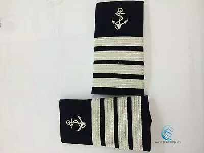 Marine Naval Nautical Yacht Captain Epaulets Sliders  4 Bars Silver On Black  • $38.99