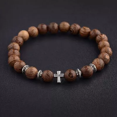 Charm Mans Silver Cross Head Christian 8MM Natural Wooden Beaded Couple Bracelet • $6.64