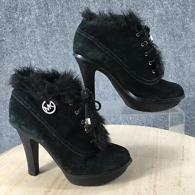 Michael Kors Boots Womens 7.5 M Carlie Fur Trim High Heels Ankle Lace Up Black • $39.99