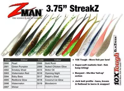 Zman 3.75  Inch Streakz Soft Plastic Fishing Lure Z Man Zman - Choose Colour BRA • $9.78