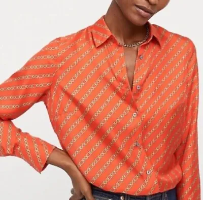 J. Crew Collection Sz 6 Vicky’s  Silk Twill Orange Chain Print Shirt Blouse -E1 • $26.99