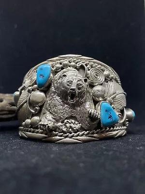 Native Navajo King Man Turquoise Sterling Silver Bear Men’s Cuff Bracelet • $1070