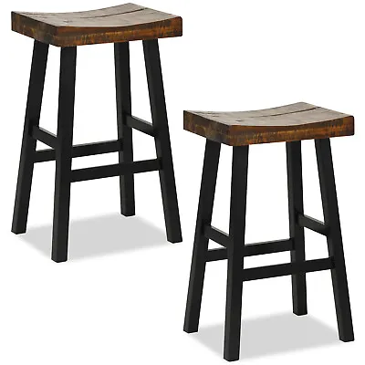 Set Of 2 29  Solid Wood Bar Chairs W/Saddle Style Seat & Wood Footrest Barstools • $149.99