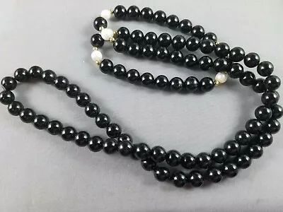 Vtg Beaded Black Onyx & Real Pearl Necklace With Gold Spacers • $38.99