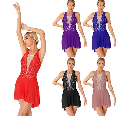 Women Sparkle Rhinestone Figure Skating Dress Backless Asymmetrical Dance Dress • £6.43