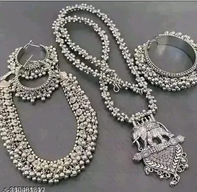 Ethnic Indian Bollywood Set Silver Oxidized Jhumka Earring Bracelet Necklace Set • $23.49