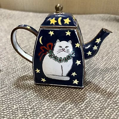 Vintage Kelvin Chen White Cat Moon & Stars Miniature Enamel Copper Teapot • $25