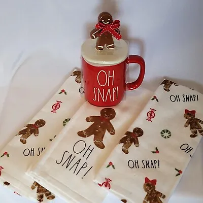 Rae Dunn OH SNAP! Gingerbread Man Towel Cookie Topper Lid Red Coffee Mug Set NEW • $65