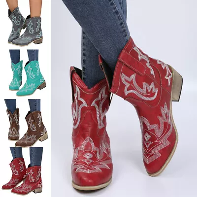 Women's Embroidered Vintage Western Cowboy Boots Mid Calf  Boots Bridal Shoes • $60.21