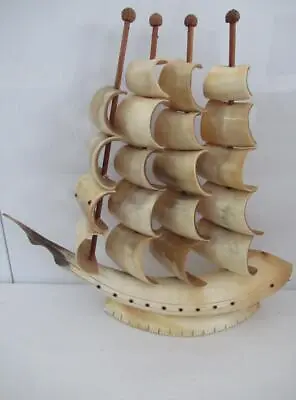 Vintage Genuine HORN Bone Model SHIP Sail Boat 4 Masts NAUTICAL Décor Handmade • $42.95