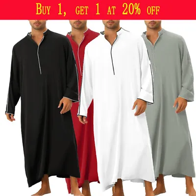 Men's Islamic Ramadan Jubba Kaftan Dishdash Arab Robe Thobe Long Sleeve Dress • £15.89