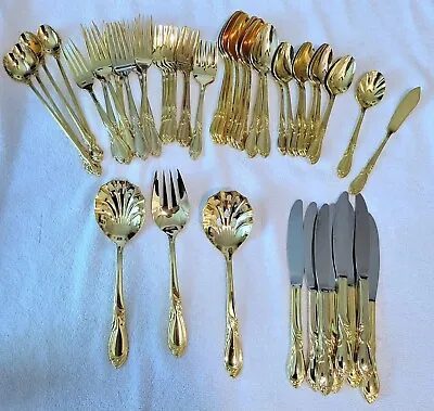 Vintage Retroneu Gold Flatware Korea 49 Piece Set Serving Spoons Fork Scallop • $125.99