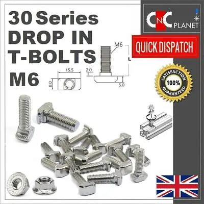 T-Bolt M6 Drop In Flange Nut Hammer 30 Series Aluminum Extrusion Prof T Slot 8mm • £2.25