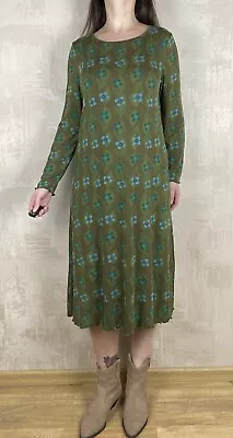 Gudrun Sjoden Khaki Floral Boho Long Sleeve Midi Dress Size L Made In Portugal • $55