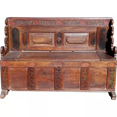 Antique Scandinavian Baroque Painted Oak Box Settle Lift-Seat Bench 1742 • $6950