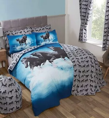 Horses Wild Spirit Horse Jockey Grey Blue DOUBLE Duvet Cover Bedding Set Gift • £22.99