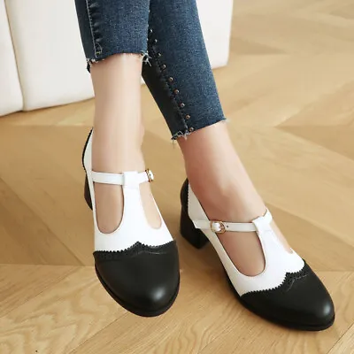 Women's Mary Jane T Strap Mid Block Heels Shoes Party Round Toe Pumps College • $45.27