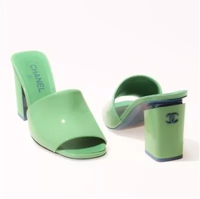 CHANEL Green CC Logo 22C Heeled Mules Sandals Slides 38 • $350