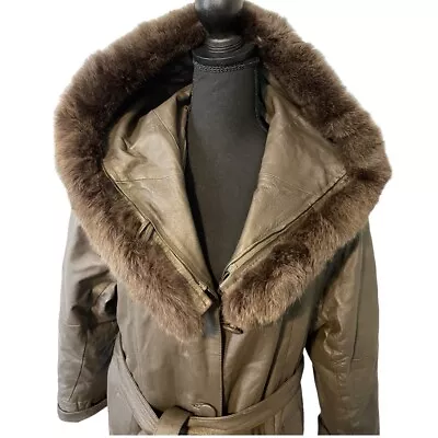 Full Length Brown Leather Coat Faux Trim Removable Hood And Lining Men’s M • $55