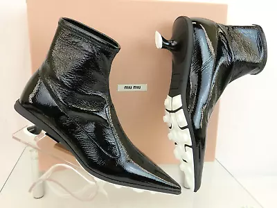 Nib Miu Miu 5t560d Black Naplak Stretch Kitten Heel Pointed Toe Ankle Boots 40 • $369