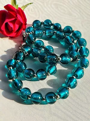 Vintage Czech Blue Foil Glass Faux Aquamarine  Rhinestone Beads Necklace 22” 64g • $18.80