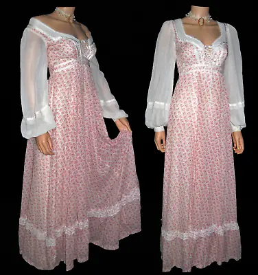 70s GUNNE SAX BY JESSICA FLORAL BLUSHING PINK IVORY SATIN TIE BACK MAXI DRESS S • $400