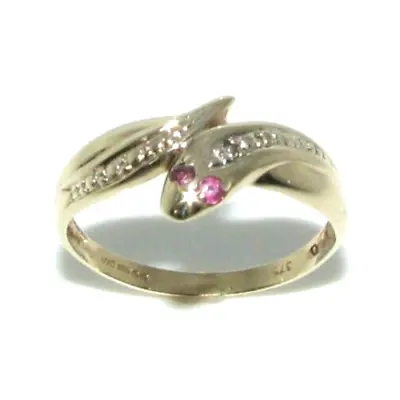 Ladies Women's 9ct Yellow Gold Diamond & Ruby Snake Ring Size O 1/2 • £132