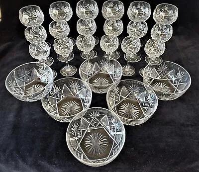 Suite 24 Pieces Val St Lambert Berncastel Cut Glass Wine Glasses & Bowls • £285