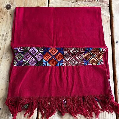 Maya Mexican Chiapas Red Rectangle Embroidered Table Runner Long Scarf 11x52 In • $15