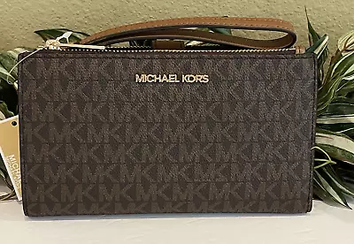 Michael Kors Jet Set Travel Double Zip Wallet Phone Case Wristlet Mk Brown Logo • $68.99