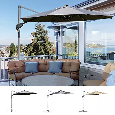 3m Solar LED Cantilever Parasol Adjustable Garden Umbrella W/ Base Tilt Crank • £149.99