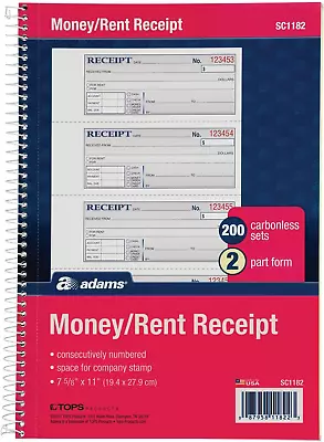 Money And Rent Receipt Book 2-Part Carbonless 7-5/8  X 11  Spiral Bound 200  • $12.97