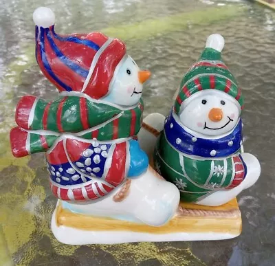 $5 • Buy Vintage Christmas Snowman Sledding Salt And Pepper Shakers Ceramic 