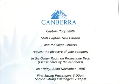 P&O Orient Lines SS CANBERRA Invitation From Captain Rory Smith 1996 • £1.45