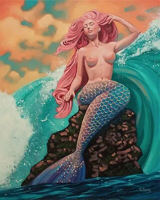 Mermaid With Pink Hair Original Fantasy Artwork Oil Painting 16''x20  • $1500