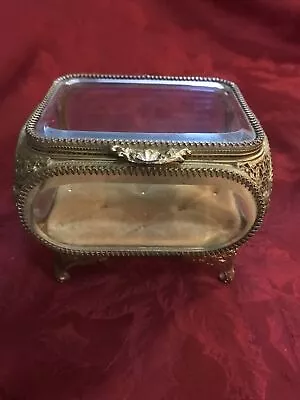 Vintage Jewelry Casket Trinket Box Ormolu Gold Filigree Beveled Glass Vitrine • $199.99