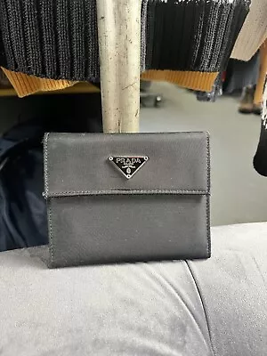 Vintage Prada Black Leather Classic Triangle Logo Folded Wallet • $124.99