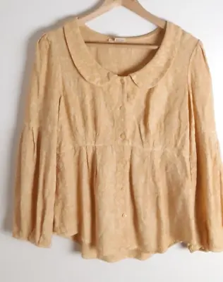 $8 • Buy Tianello Yellow Tencel Embossed Button Down Blouse Top Peter Pan Collar Size S