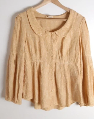 $8 • Buy Tianello Yellow Tencel Embossed Button Down Blouse Top Peter Pan Collar Size S