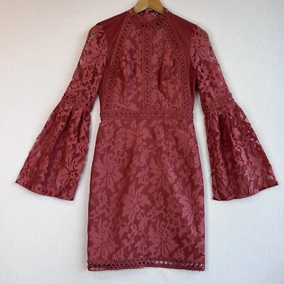 ELLE ZEITOUNE Dress Womens 8 Coral Pink Long Flared Sleeve High Neck Lace Midi • $59.99