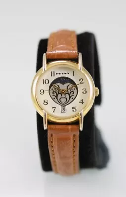 Milan Women Watch Gold Stainless Steel WR Brown Leather Date Moon White Quartz • $44.19