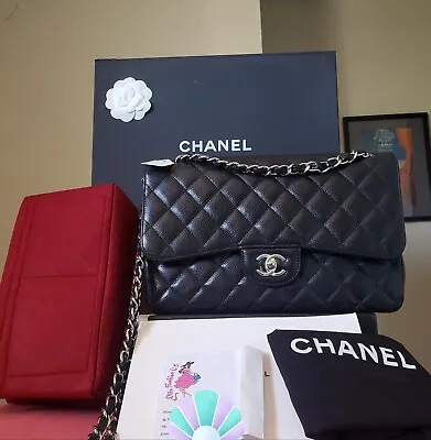 $11000 CHANEL Classic Black Caviar Silver Hardware Jumbo Double Flap Bag  • $5900