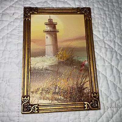 VINTAGE Beach Seascape Original Hand Painted Oil PAINTING Tiny Lighthouse • $88